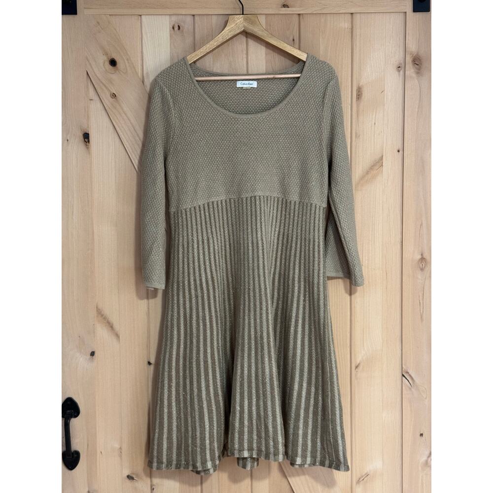 Calvin Klein | Fit and Flare Tan Gold Sparkle Knit Sweater Dress | Size XL